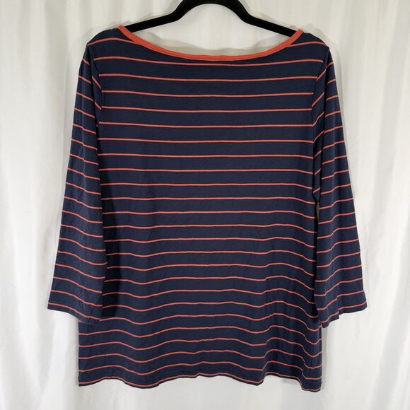 LL Bean Blouse Women's Large Blue Red Striped Round Neck 3/4 Sleeve Cotton - Picture 8 of 10